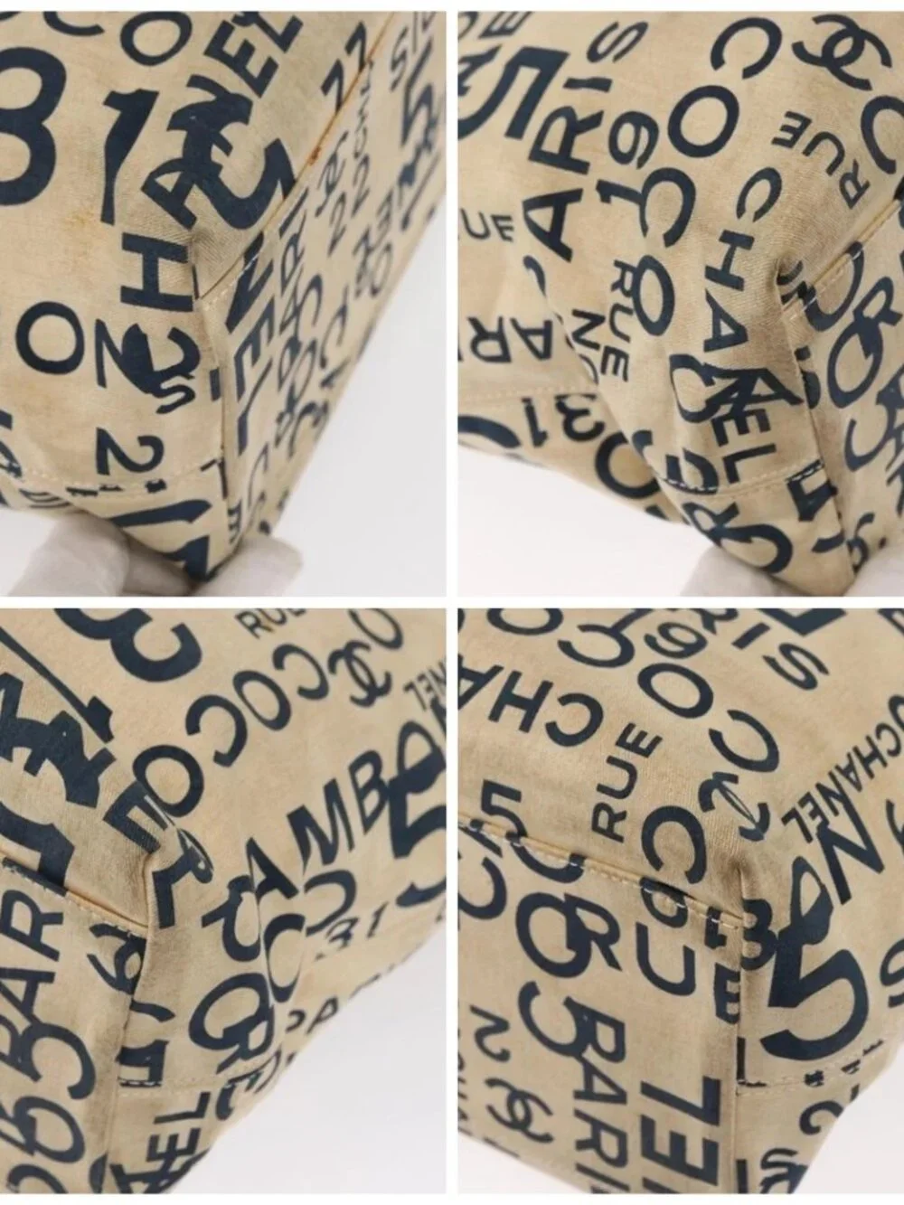 CHANEL By Sea Line Tote Bag Canvas Navy Beige CC Auth mr1854